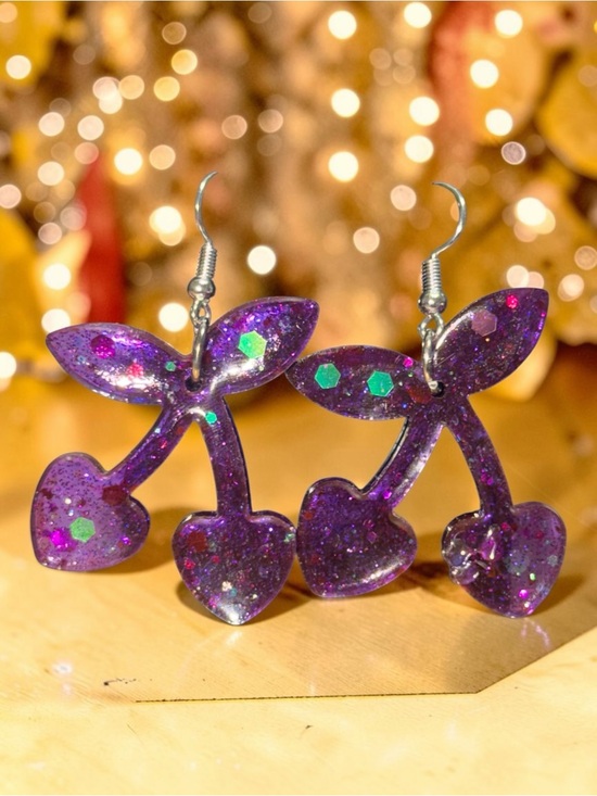 Jewelry - Handmade Purple Glitter Cherry Resin Dangle Earrings